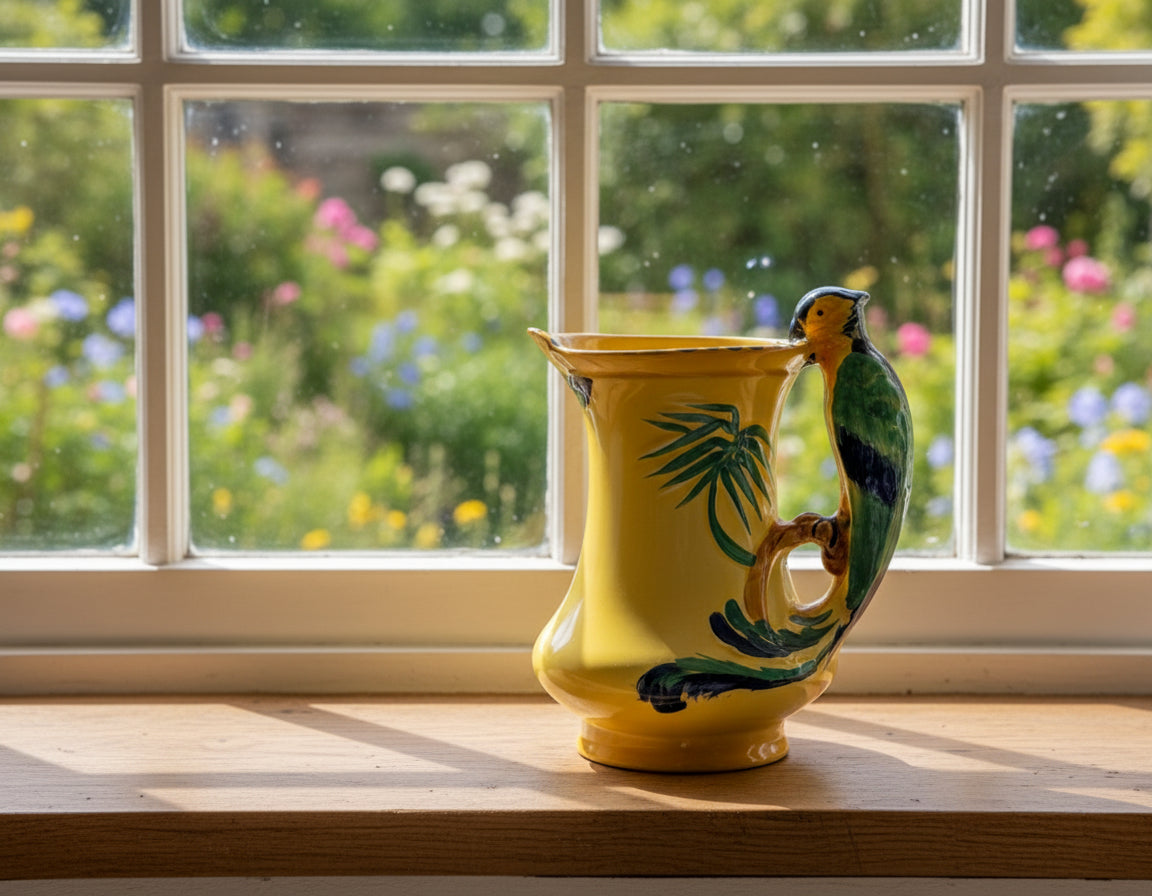 Yellow vase with bird design on a windowsill with a garden view